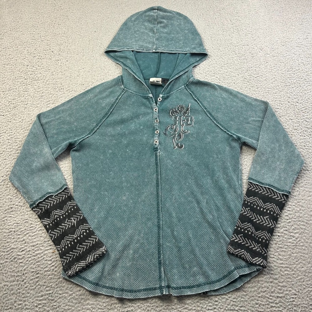 Harley-Davidson Women's Teal Graphic Waffle Thermal Knit Henley Hoodie XL